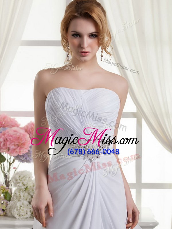 wholesale fabulous white column/sheath beading and ruching bridal gown lace up chiffon sleeveless