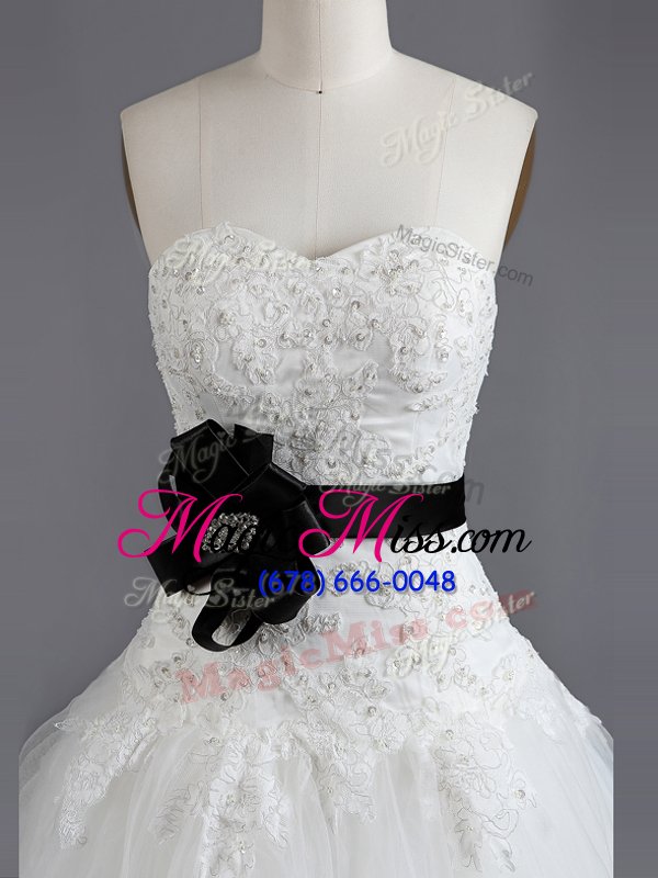 wholesale fantastic white tulle lace up sweetheart sleeveless with train wedding gowns court train beading and appliques and belt