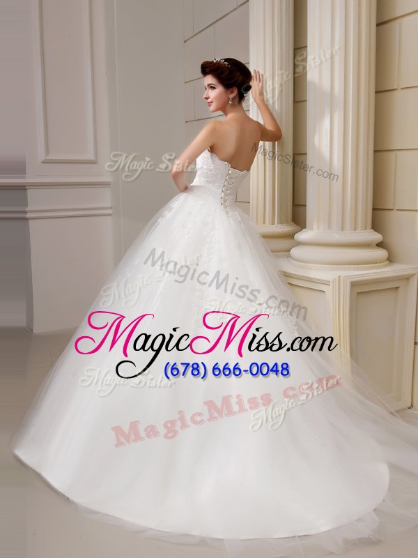 wholesale fashion white tulle lace up wedding dress sleeveless with train court train appliques