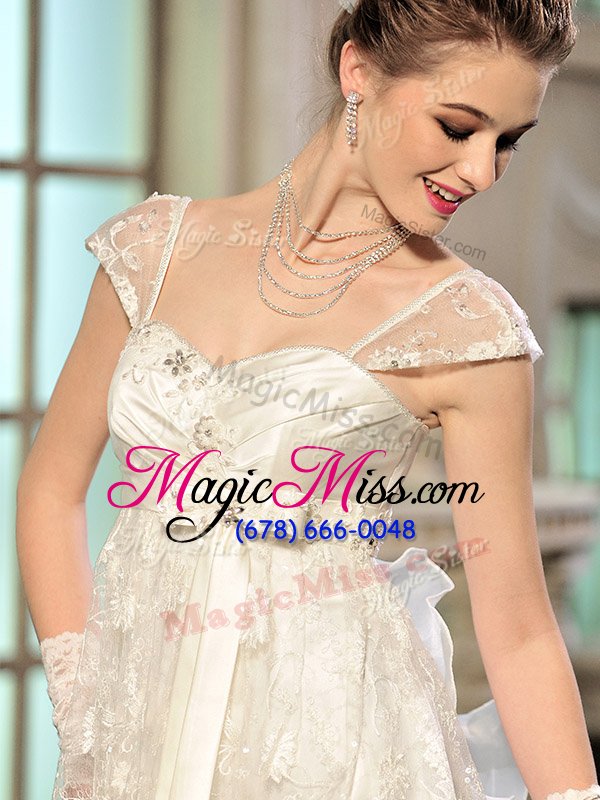 wholesale sophisticated white empire beading and appliques and ruffles bridal gown lace up organza cap sleeves with train