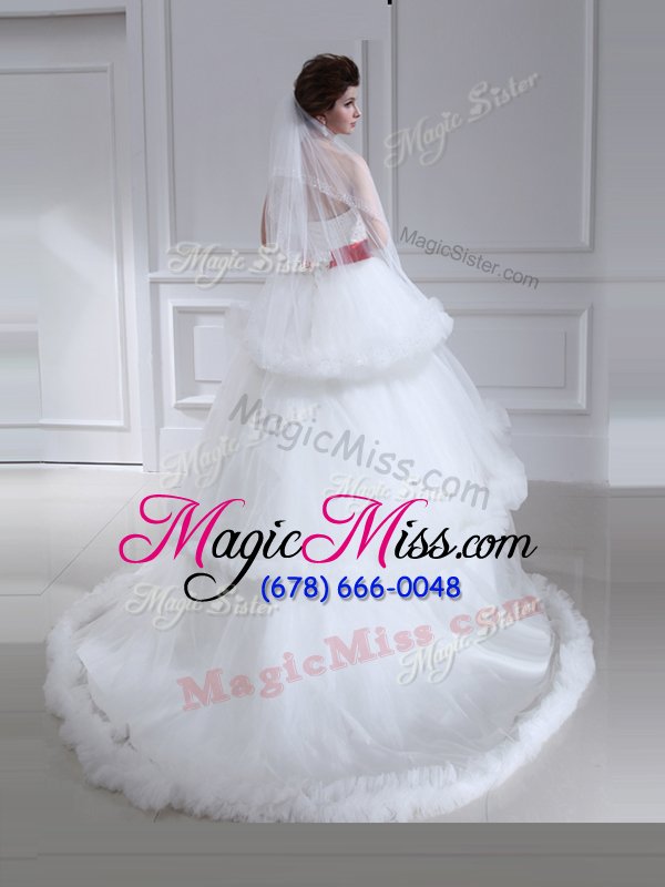 wholesale fashion beading and ruffled layers wedding gowns white lace up sleeveless with brush train