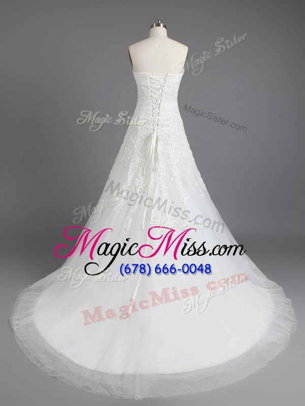 wholesale trendy sweetheart sleeveless wedding dress with brush train beading and appliques white tulle