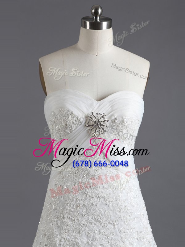 wholesale trendy sweetheart sleeveless wedding dress with brush train beading and appliques white tulle