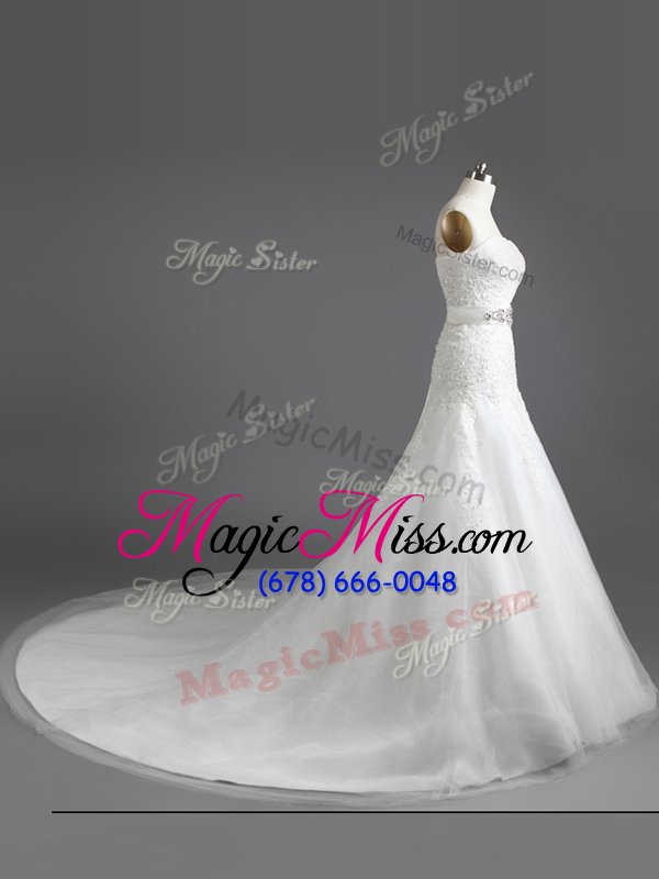 wholesale exceptional white column/sheath strapless sleeveless tulle with train court train lace up beading and lace and appliques wedding dress