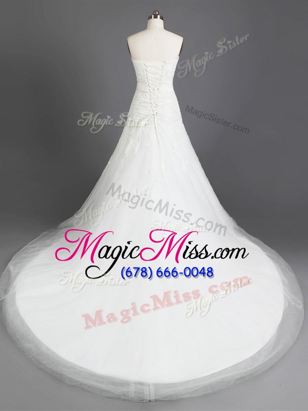 wholesale exceptional white column/sheath strapless sleeveless tulle with train court train lace up beading and lace and appliques wedding dress