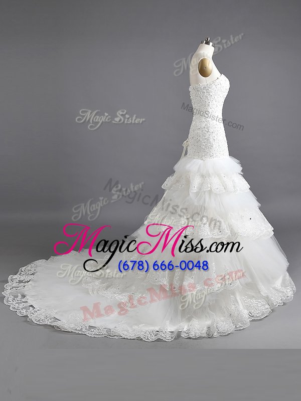 wholesale flirting mermaid sleeveless court train ruffled layers lace up wedding gowns