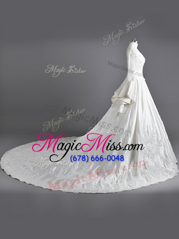 wholesale custom designed white chiffon clasp handle wedding dress 3|4 length sleeve with train cathedral train lace