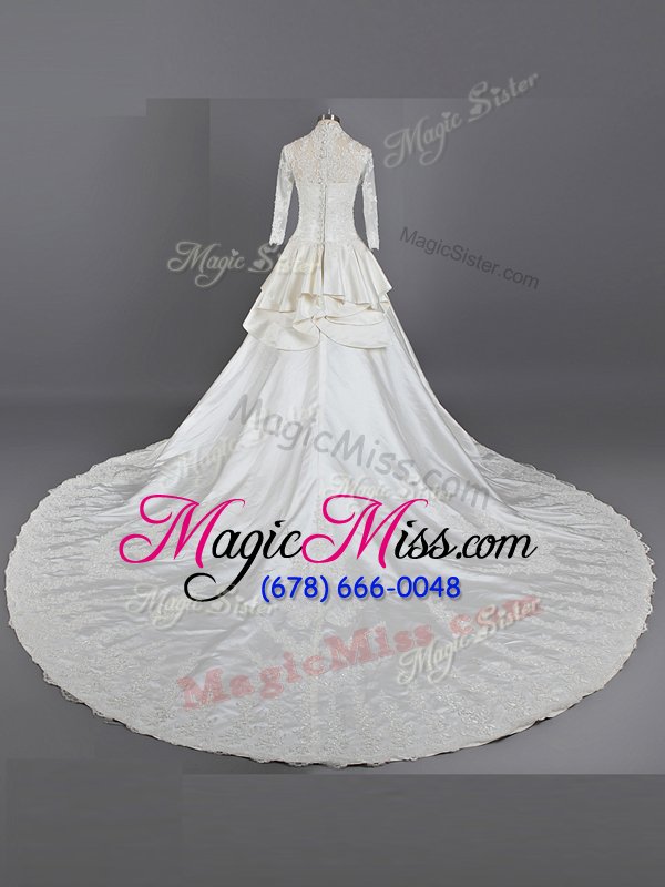 wholesale custom designed white chiffon clasp handle wedding dress 3|4 length sleeve with train cathedral train lace