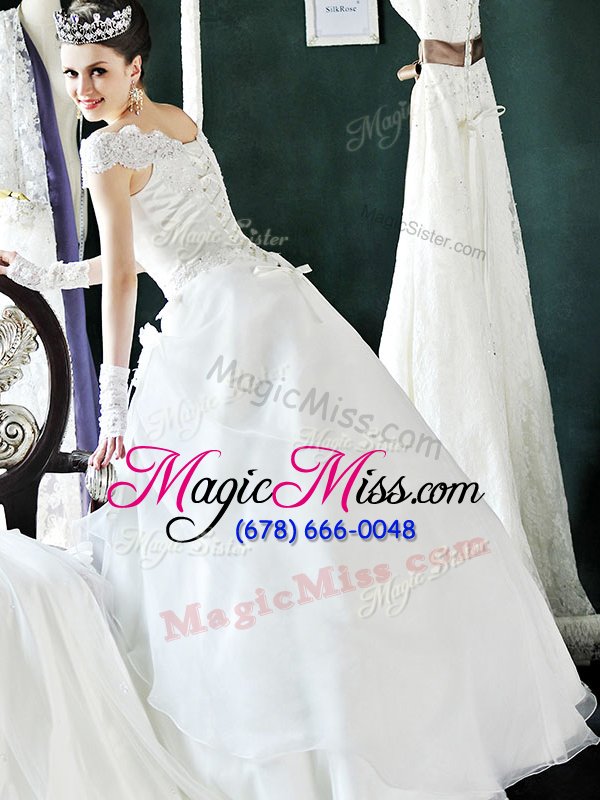 wholesale off the shoulder floor length white wedding dresses organza cap sleeves beading and lace and appliques