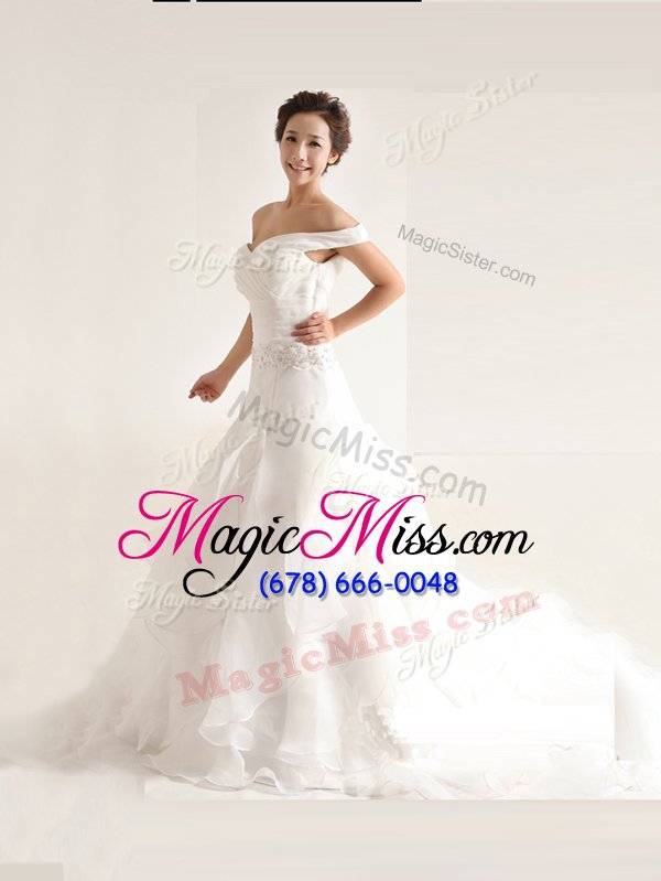 wholesale beautiful off the shoulder sleeveless court train zipper bridal gown white organza