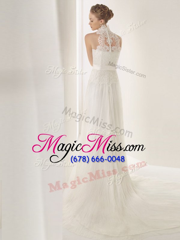 wholesale flare halter top white sleeveless brush train lace and belt with train wedding dresses