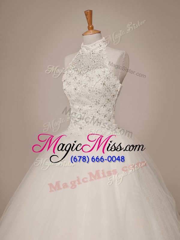 wholesale superior halter top sleeveless floor length beading lace up wedding dresses with white