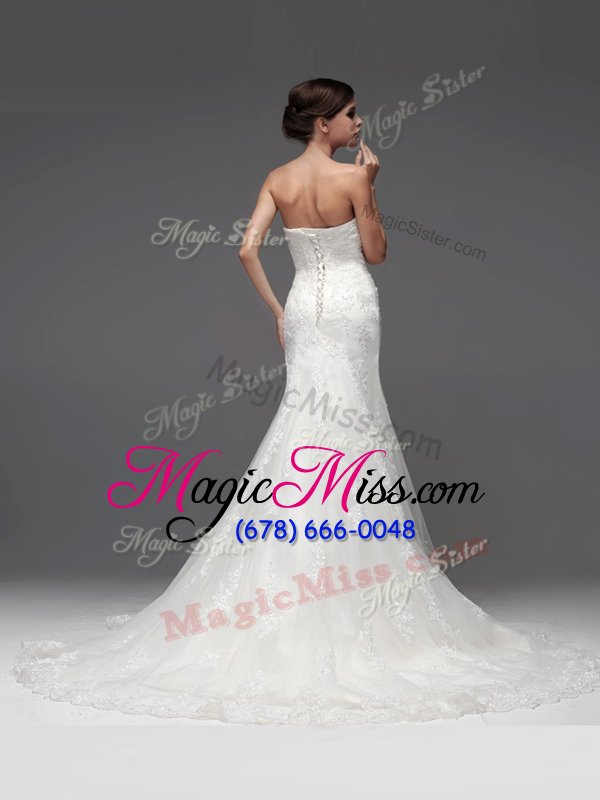 wholesale sumptuous white sleeveless brush train lace with train wedding dresses