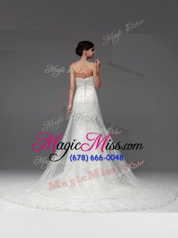 wholesale superior white tulle lace up strapless sleeveless with train wedding gown brush train lace and appliques