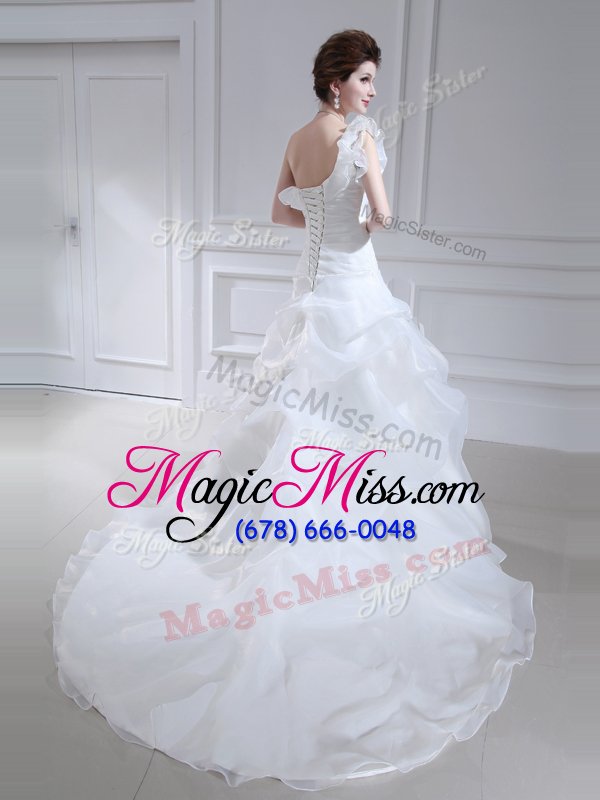 wholesale graceful one shoulder sleeveless brush train lace up with train ruffles and ruching and pick ups wedding gowns