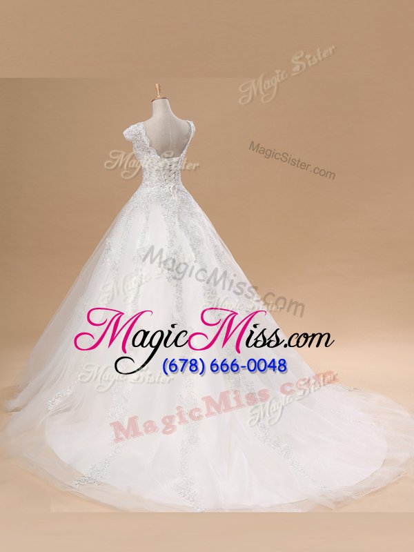 wholesale low price white short sleeves with train lace and appliques lace up wedding gown