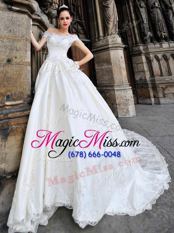 wholesale flirting satin cap sleeves wedding dress cathedral train and beading and lace and appliques