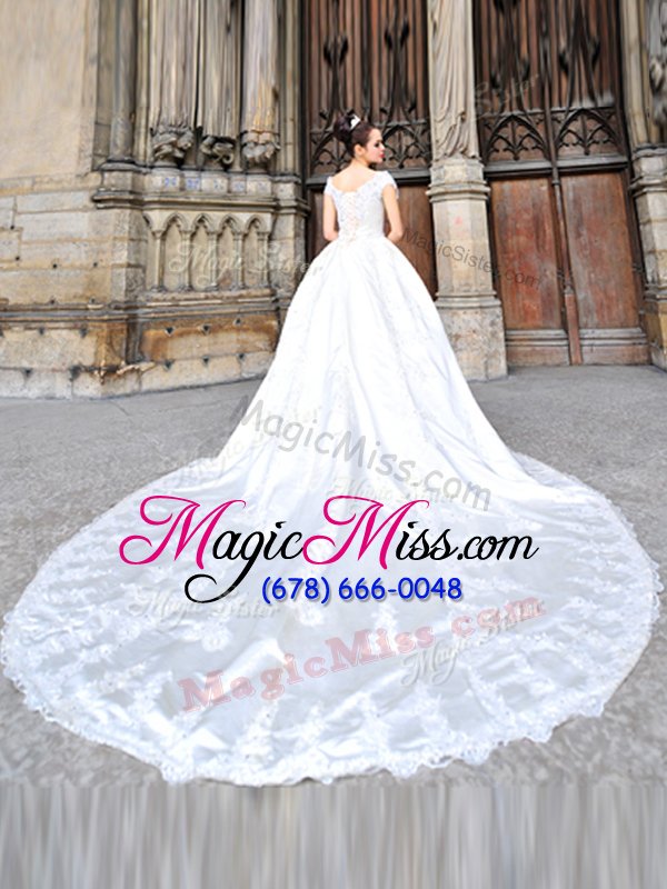 wholesale flirting satin cap sleeves wedding dress cathedral train and beading and lace and appliques