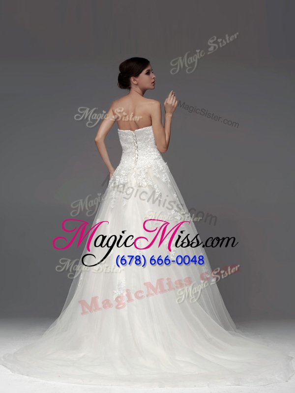 wholesale smart white lace up wedding gowns appliques sleeveless brush train