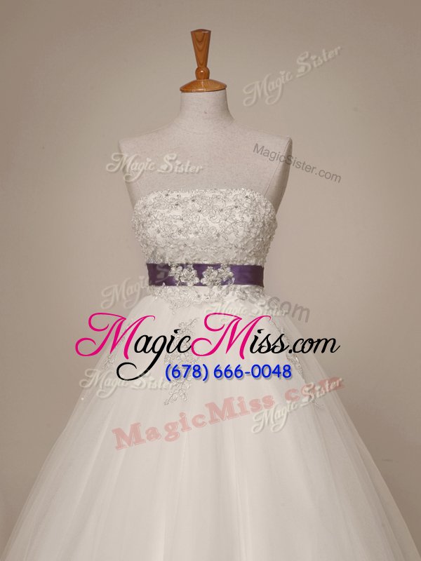 wholesale cute white tulle lace up strapless sleeveless floor length bridal gown beading and appliques and sashes|ribbons