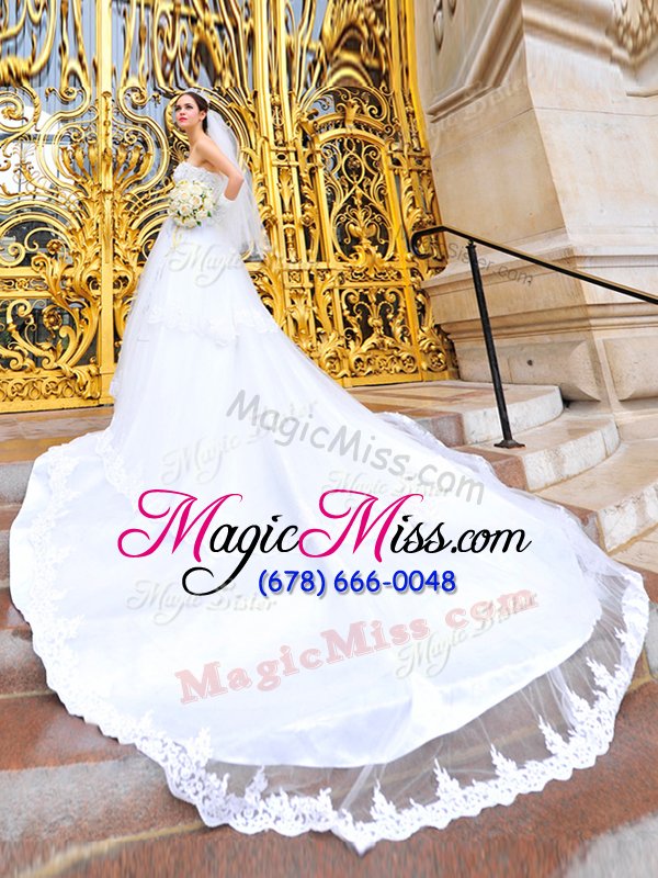 wholesale chic organza sleeveless with train wedding dresses brush train and beading and lace and appliques
