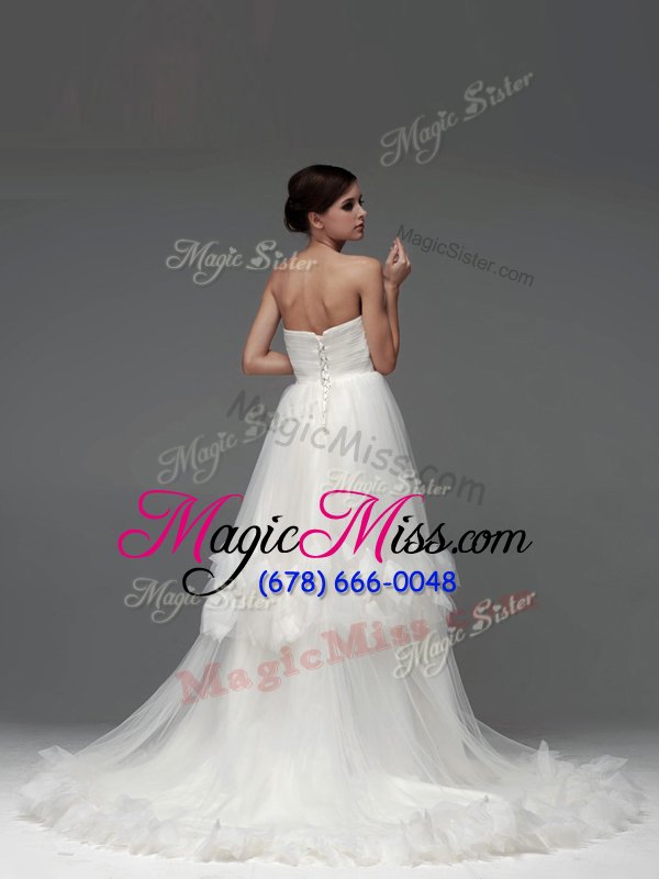 wholesale sleeveless tulle with brush train lace up bridal gown in white for with ruffled layers and ruching