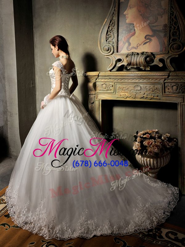 wholesale romantic tulle square cap sleeves brush train lace up beading and appliques wedding gown in white