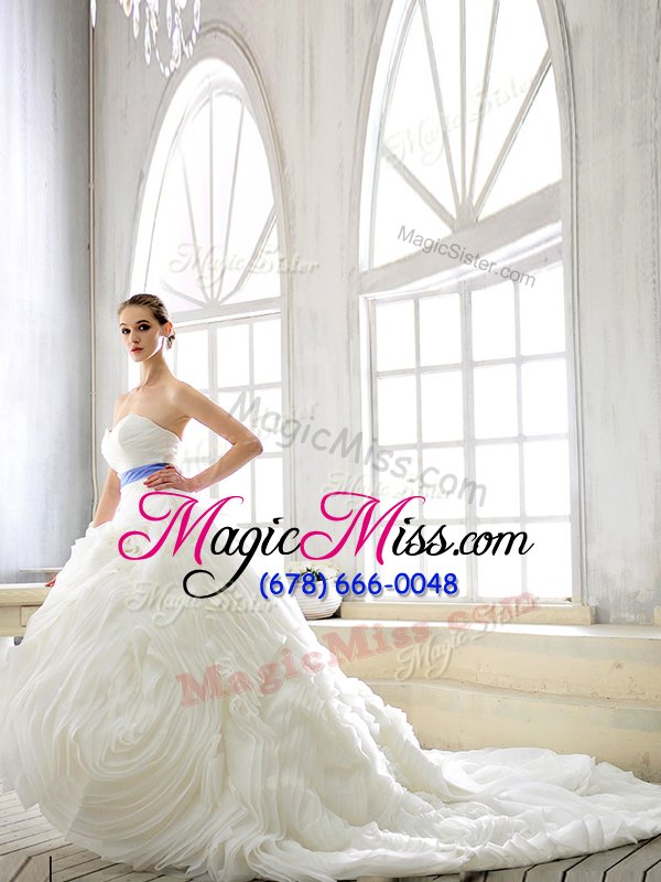 wholesale inexpensive white sleeveless with train sashes|ribbons lace up bridal gown