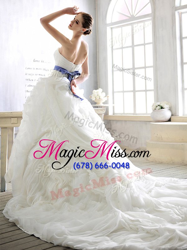 wholesale inexpensive white sleeveless with train sashes|ribbons lace up bridal gown