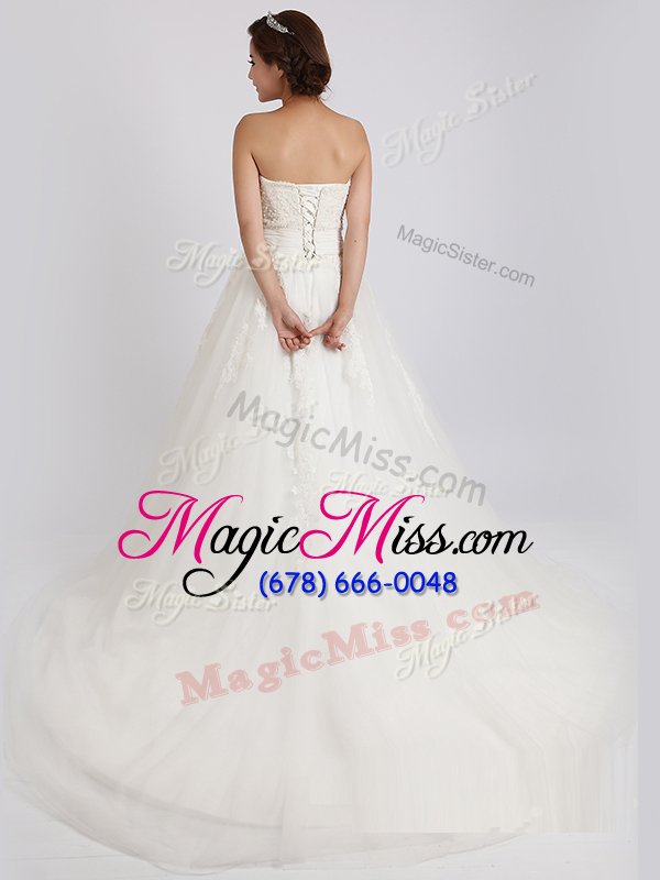wholesale traditional white ball gowns tulle sweetheart sleeveless beading and appliques with train lace up wedding gown court train