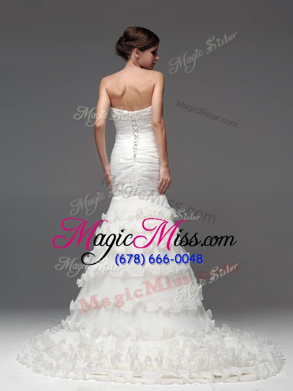 wholesale inexpensive mermaid ruffled strapless sleeveless brush train lace up wedding dress white organza