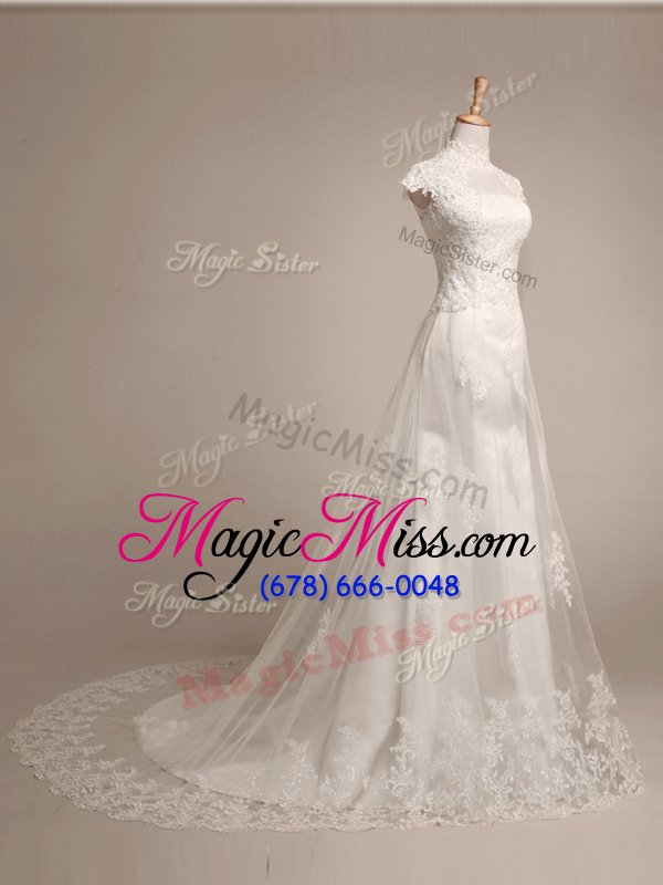 wholesale comfortable white high-neck clasp handle beading and lace and appliques bridal gown brush train cap sleeves
