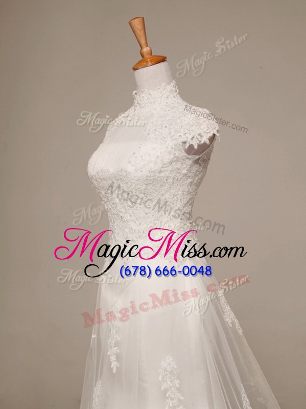 wholesale comfortable white high-neck clasp handle beading and lace and appliques bridal gown brush train cap sleeves