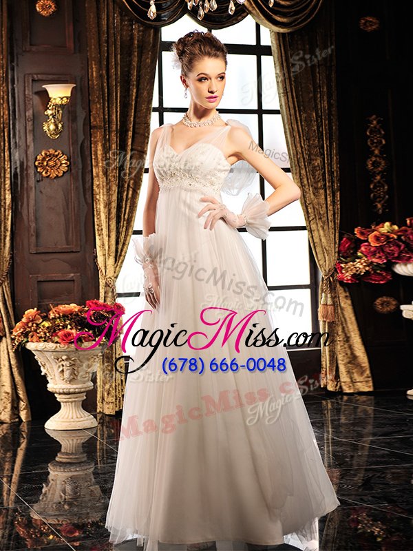 wholesale modern white empire beading wedding gowns lace up tulle sleeveless floor length