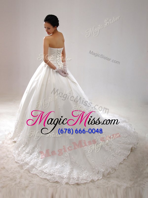 wholesale organza sleeveless with train bridal gown brush train and beading and lace and appliques and ruching