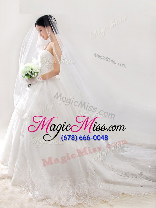 wholesale cute organza strapless sleeveless chapel train zipper lace and appliques wedding dresses in white