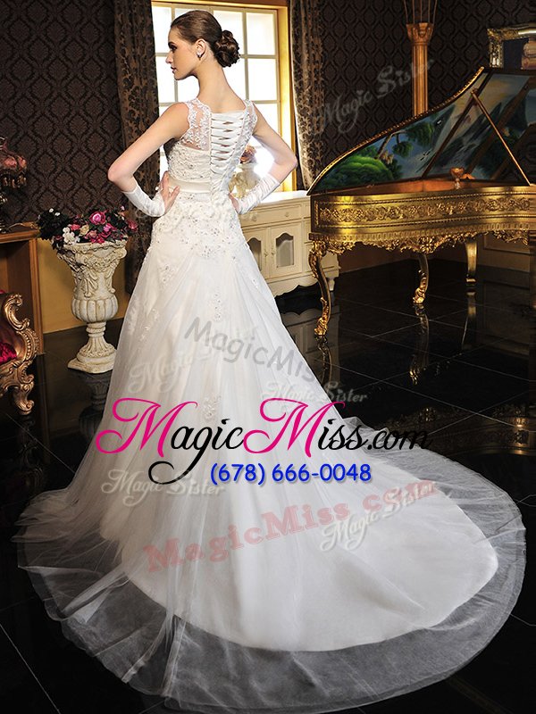 wholesale wonderful white a-line scalloped sleeveless tulle and lace court train zipper lace wedding dress