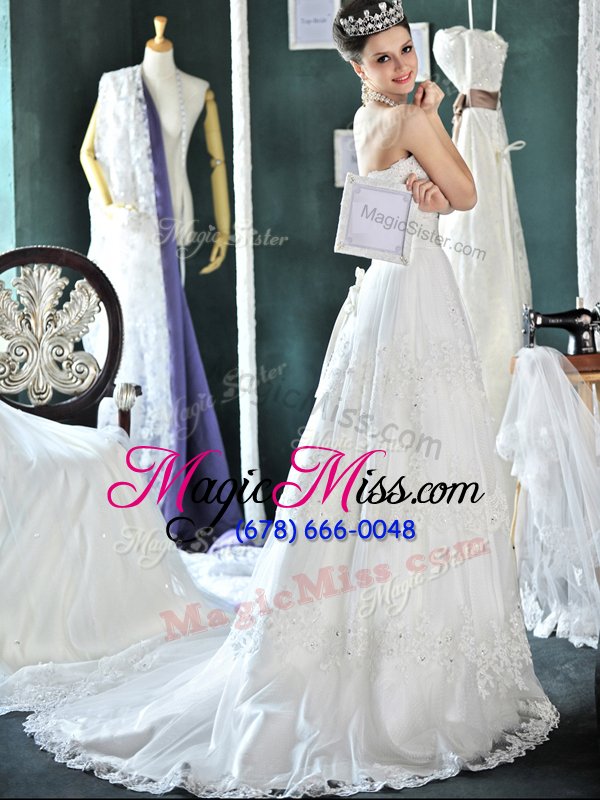 wholesale court train a-line wedding gown white strapless lace sleeveless mini length lace up