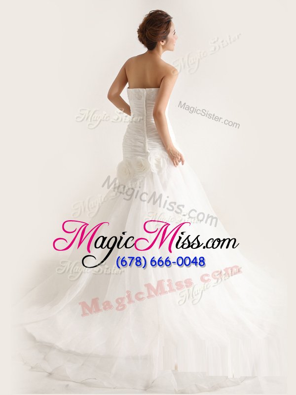 wholesale exceptional strapless sleeveless tulle wedding dresses lace and ruching and hand made flower sweep train zipper