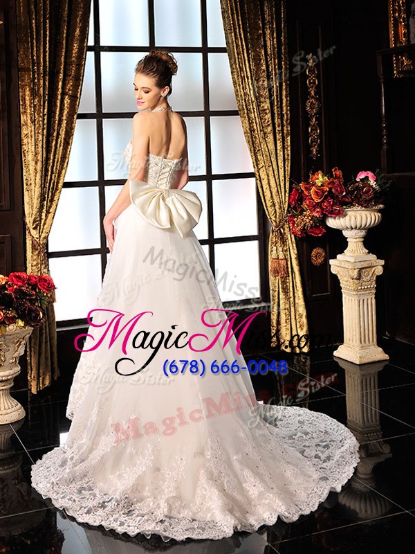 wholesale luxurious sleeveless brush train beading and lace and bowknot lace up bridal gown