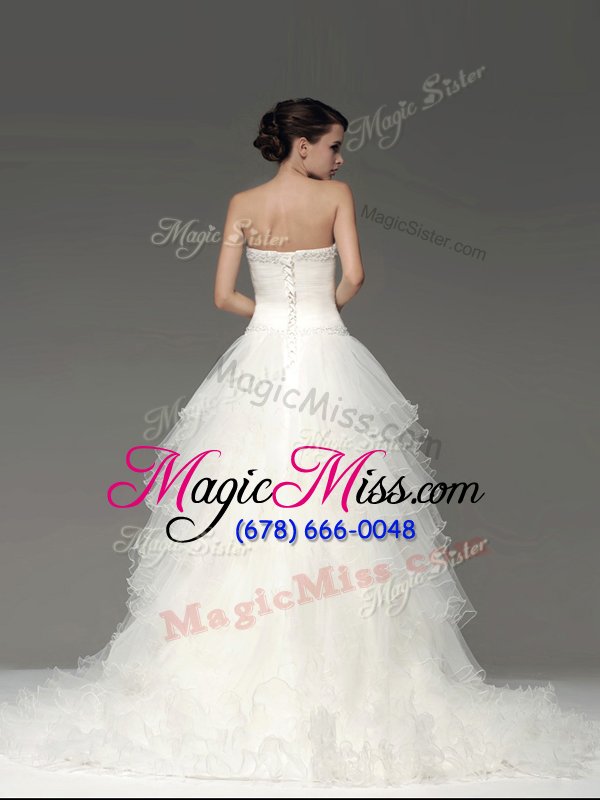 wholesale flirting lace up wedding dress white and in for wedding party with beading and ruffles sweep train