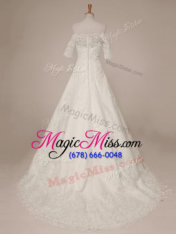 wholesale smart white scalloped neckline lace wedding dresses half sleeves zipper