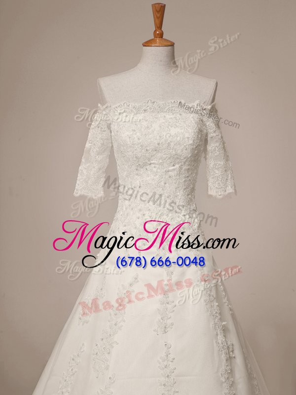 wholesale smart white scalloped neckline lace wedding dresses half sleeves zipper