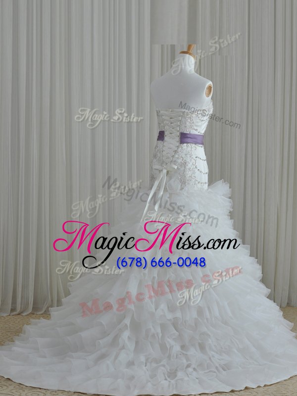 wholesale excellent white ball gowns organza strapless sleeveless beading and ruffles and belt floor length lace up wedding gown