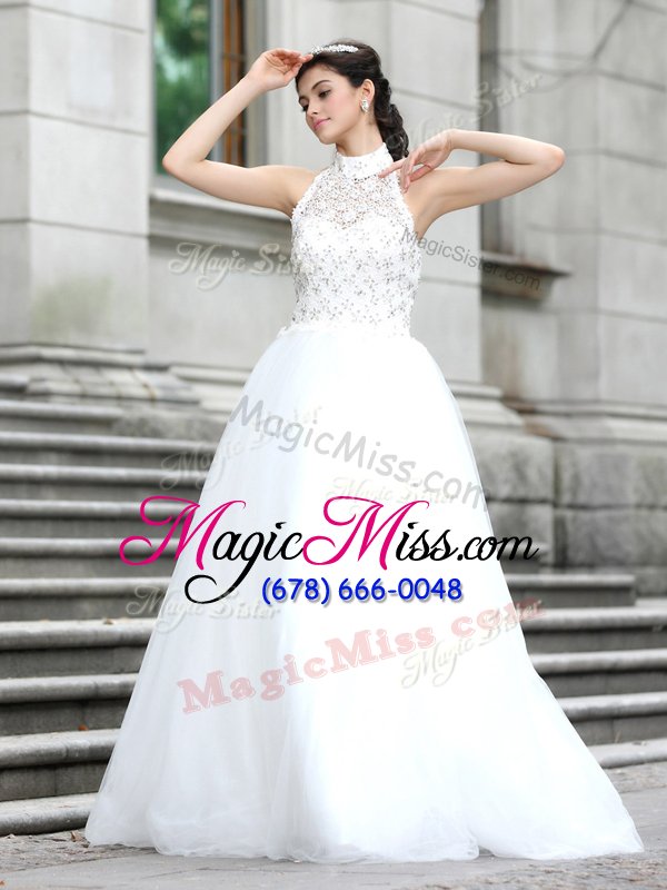 wholesale simple high-neck sleeveless tulle wedding dress lace zipper