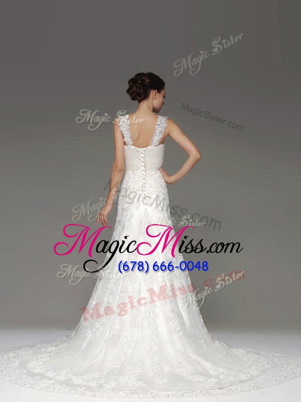 wholesale nice straps sleeveless brush train lace up wedding dress white lace