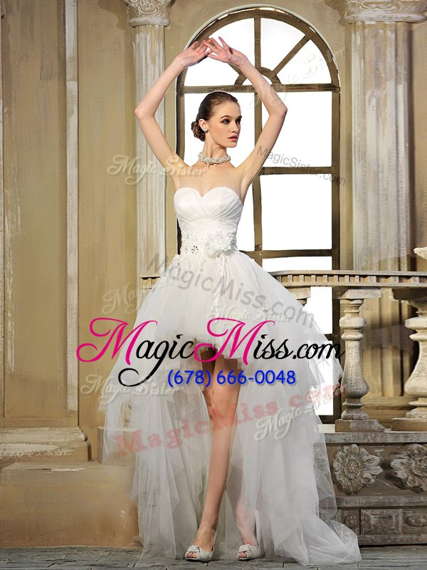 wholesale exceptional white sleeveless ruching and hand made flower high low bridal gown