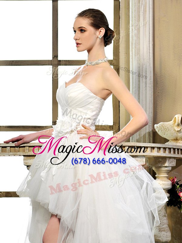 wholesale exceptional white sleeveless ruching and hand made flower high low bridal gown
