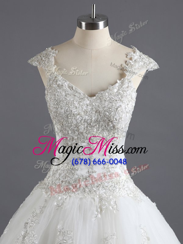 wholesale excellent white straps lace up lace and appliques wedding dresses court train cap sleeves