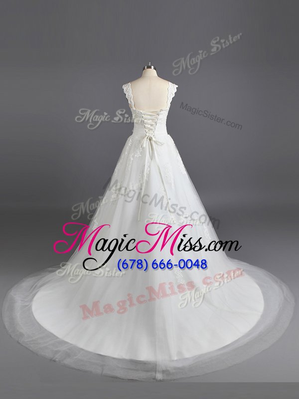 wholesale dynamic white tulle and lace lace up wedding gown sleeveless court train lace